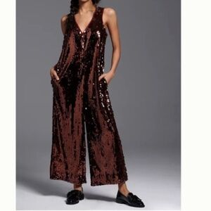 Maeve Anthropologie Sequin Wide Legged Jumpsuit Bronze Copper Brown